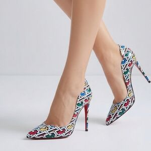 CHRISTIAN LOUBOUTIN Multi CL Printed Patent Leather Hot Chick 100 Heel Size 37.5